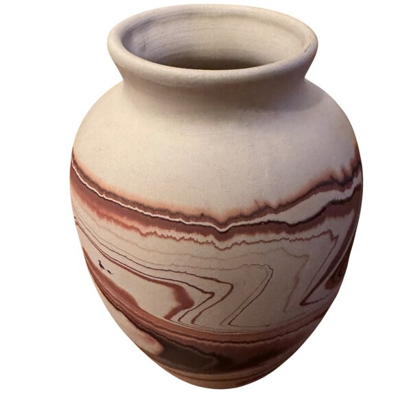 VTG Nemadji Pottery Indian River Handmade USA Swirled Clay Vase Brown Bisque MCM - Picture 1 of 10